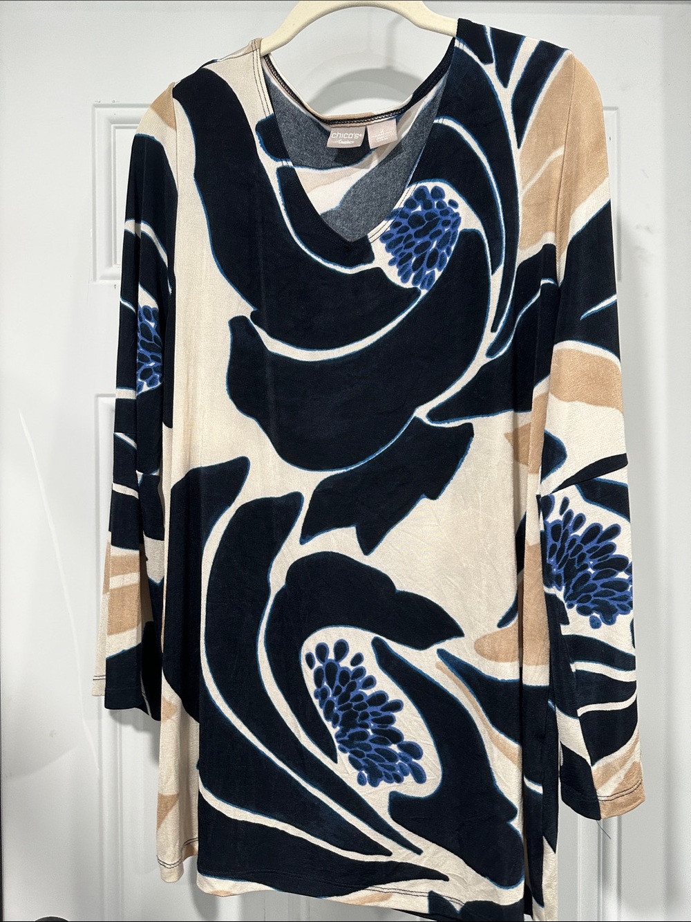 Chico's Black, Cream & Blue Abstract Floral V-Neck Tunic